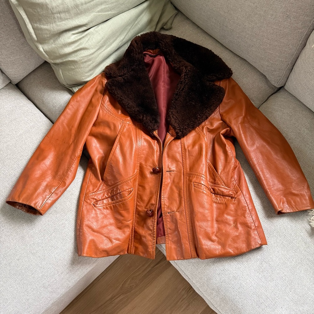 Vintage Leather Fur Collar Coat